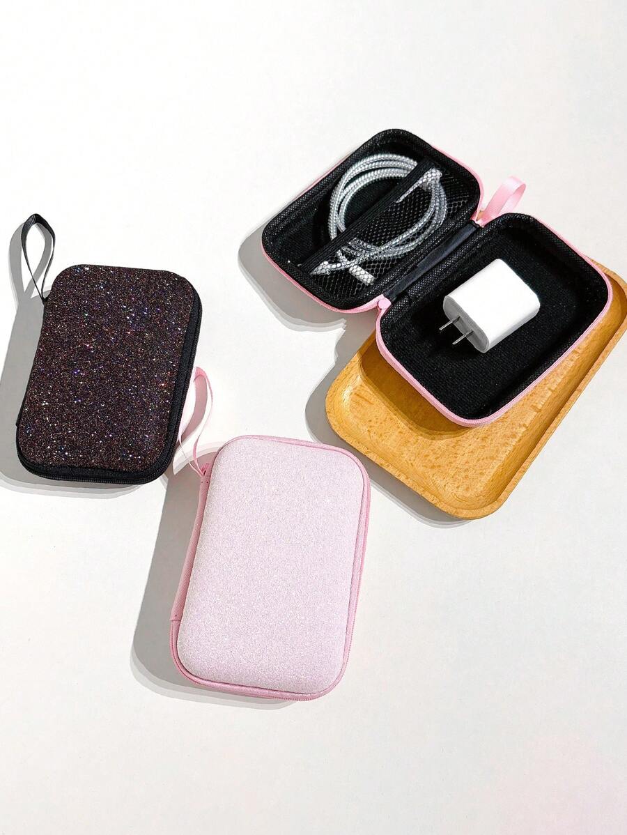 Túi đựng cáp dữ liệu dung lượng lớn bằng bột kim tuyến Tai nghe Bluetooth Tai nghe có dây Bộ sạc Cáp sạc Hộp đựng chống sốc di động Hộp bảo vệ lưu trữ Hộp sắp xếp cáp - Nhiều màu - Xem 1