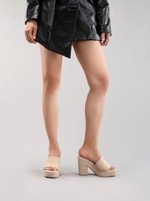 女士繩繩楔形平台涼鞋，開放式趾夾帶夏日休閒高跟拖鞋 - 杏色 - 查看 12