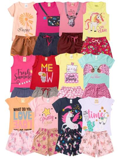Kit 4 Peças de Roupas Infantil MENINA SORTIDO - 2 Blusas + 2 Shorts Xx