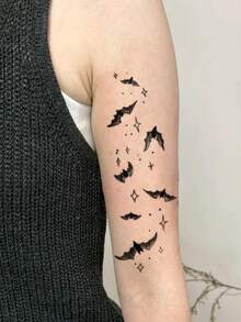 1 miếng dán hình xăm tạm thời hình ngôi sao và con dơi lâu trôi, thiết kế thời trang dành cho cả nam và nữ, chống thấm nước và mồ hôi, sử dụng một lần - màu đen - Xem 5