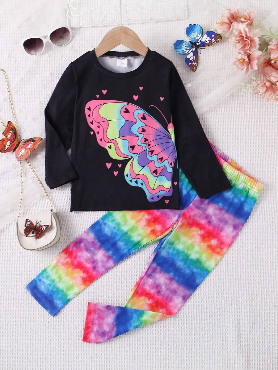 Bộ 2 món/Bộ đồ liền thân tay dài dệt kim mềm họa tiết trái tim và bướm nhiều màu sắc ngẫu nhiên cho bé gái, mùa thu/đông - màu đen - Xem 1