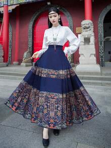 Spring Vintage Chinese Style Elegant Blue Floral Han Elements Ming Dynasty Horse-Face Skirt For Chinese Newyear, Daily, Street, Commuting, Home And Other Occasions To Wear Chinese Dress Hanfu Bottoms - Blue - View 4