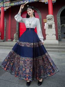 Spring Vintage Chinese Style Elegant Blue Floral Han Elements Ming Dynasty Horse-Face Skirt For Chinese Newyear, Daily, Street, Commuting, Home And Other Occasions To Wear Chinese Dress Hanfu Bottoms - Blue - View 7