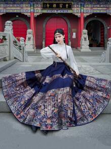 Spring Vintage Chinese Style Elegant Blue Floral Han Elements Ming Dynasty Horse-Face Skirt For Chinese Newyear, Daily, Street, Commuting, Home And Other Occasions To Wear Chinese Dress Hanfu Bottoms - Blue - View 3