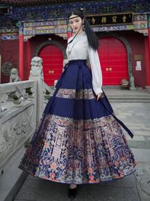 Spring Vintage Chinese Style Elegant Blue Floral Han Elements Ming Dynasty Horse-Face Skirt For Chinese Newyear, Daily, Street, Commuting, Home And Other Occasions To Wear Chinese Dress Hanfu Bottoms - Blue - View 2