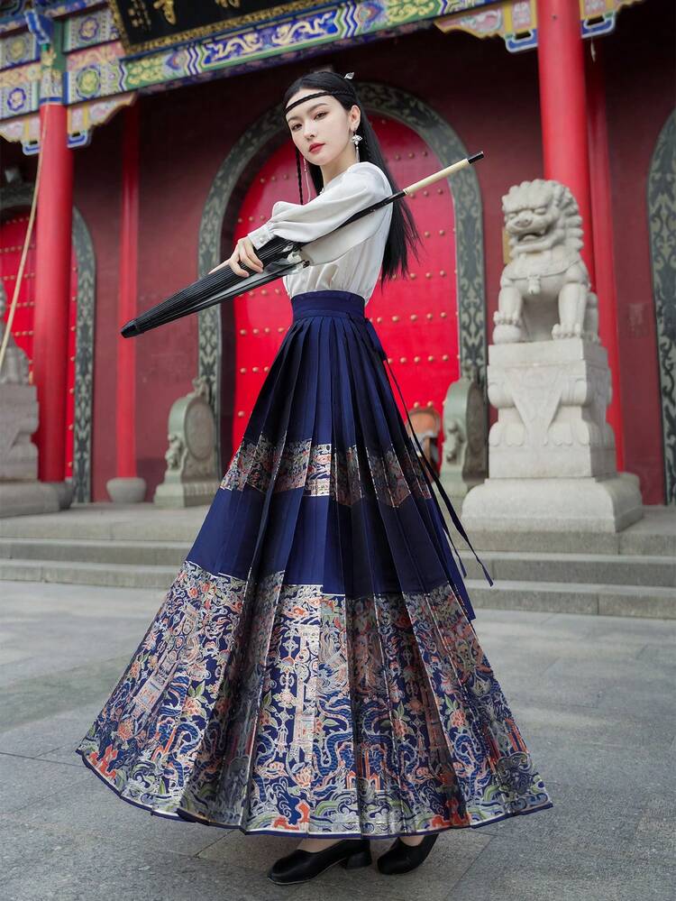 春季复古中国风优雅蓝色花卉汉元素明朝马面裙适合中国新年、日常、街头、通勤、家居等场合穿的中式连衣裙汉服下装 - 藍色 - 查看 5
