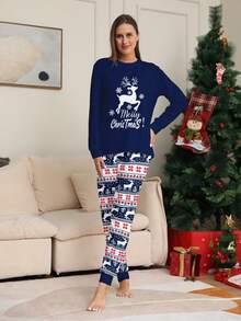 女士圣诞睡衣，新年圣诞鹿印花上衣和碎花裤，女士圣诞套装，圣诞睡衣，女士秋冬两件套家居服，秋季服装