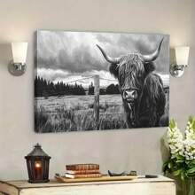 1pc Framed Highland Cow Wall Art Animals Poster Black And White Nature Prints Rustic Highland Cow Print Cow Wall Art Print Farmhouse Decor Farmhouse Artwork For Living Room Bedroom Office Decor - 淺灰色 - 查看 8