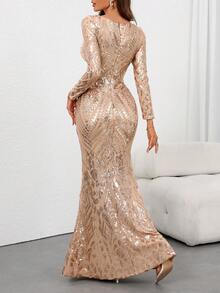 女士亮片美人鱼下摆长袖优雅婚礼宴会毕业派对礼服 - 香檳色 - 查看 3