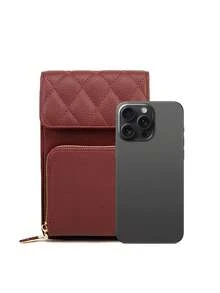 MIYIN 时尚休闲荔枝纹手机钱包，适合女士，配有可调节宽肩带，简约纯色 PU 单肩包，带卡槽和前拉链口袋，绗缝细节翻盖斜挎包，配有吉他背带，适合女士日常使用，手机袋，手机袋 - 酒紅色 - 查看 3