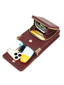 MIYIN 时尚休闲荔枝纹手机钱包，适合女士，配有可调节宽肩带，简约纯色 PU 单肩包，带卡槽和前拉链口袋，绗缝细节翻盖斜挎包，配有吉他背带，适合女士日常使用，手机袋，手机袋 - 酒紅色 - 查看 5