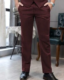 Vintage Men's Pants Herringbone Wool Tweed Retro Dress Suit Pants For Wedding Groomsmen Casual Business Suit Trousers - 酒紅色 - 查看 2