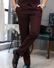 Vintage Men's Pants Herringbone Wool Tweed Retro Dress Suit Pants For Wedding Groomsmen Casual Business Suit Trousers - 酒紅色 - 查看 3