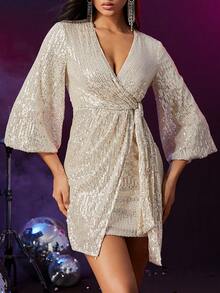 Double Crazy Trumpet Sleeve Tie Front Sequin Wrap Bodycon Cocktail Dress - Champagne - View 7