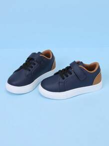 Dziecięce, codzienne, kolorowe, blokowe, szkolne, kampusowe, uniwersalne, modne trampki z rzepem - Granatowy - Zobacz 4