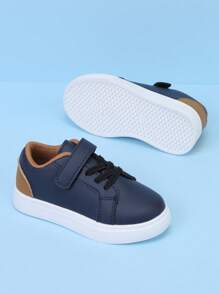 Dziecięce, codzienne, kolorowe, blokowe, szkolne, kampusowe, uniwersalne, modne trampki z rzepem - Granatowy - Zobacz 3