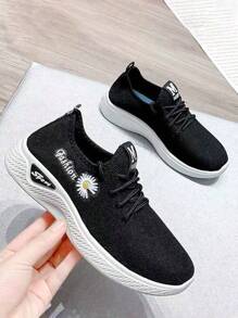 ISPORTE Zapatos de tenis bordados estampados a la moda para mujer, zapatos para correr antideslizantes, resistentes al desgaste y transpirables, zapatos deportivos casuales suaves, cómodos y livianos, adecuados para fitness al aire libre, trabajo y vida diaria. - Negro - Ver 6