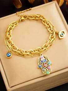 Conjunto de joyas de acero inoxidable para mujeres de 4 piezas con colgante bohemio en forma de palma con ojo y gota de aceite, que incluye collar, brazalete y aretes, adecuado para uso diario - conjunto de palma - Ver 3