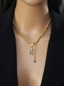 Conjunto de joyas de acero inoxidable para mujeres de 4 piezas con colgante bohemio en forma de palma con ojo y gota de aceite, que incluye collar, brazalete y aretes, adecuado para uso diario - conjunto de palma - Ver 5