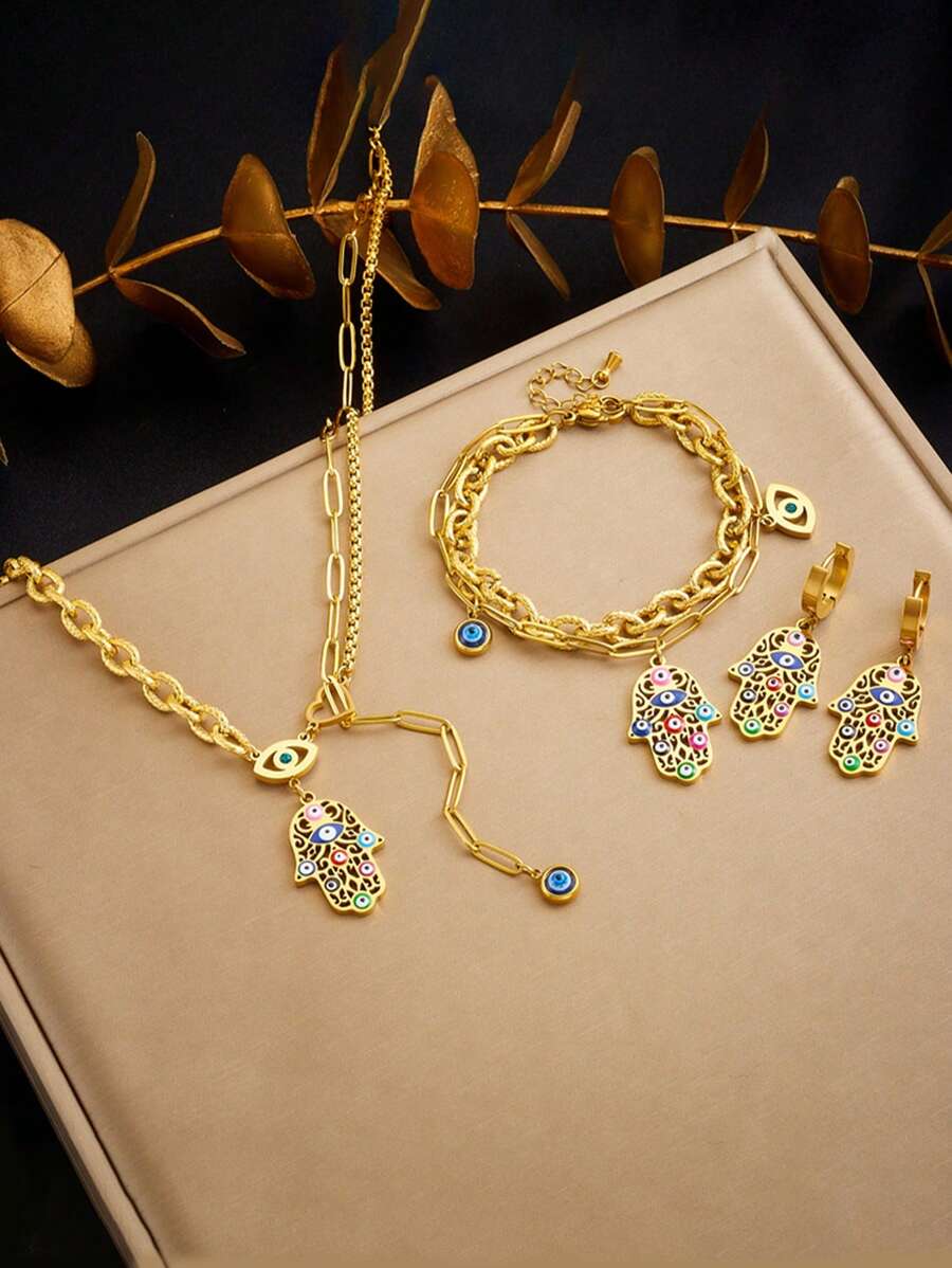 Conjunto de joyas de acero inoxidable para mujeres de 4 piezas con colgante bohemio en forma de palma con ojo y gota de aceite, que incluye collar, brazalete y aretes, adecuado para uso diario - conjunto de palma - Ver 1