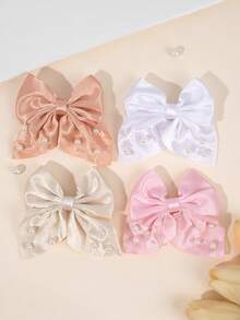 4 件装女孩粉白水手发饰，带尾巴的珍珠丝带蝴蝶结鳄鱼夹，纯色缎带蝴蝶结发夹，优雅蝴蝶结发夹，度假蝴蝶结发夹，纯色蝴蝶结发夹，女士时尚发饰 - 彩色 - 查看 1