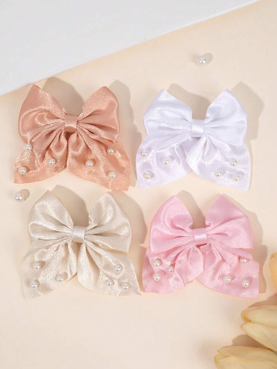 4 件装女孩粉白水手发饰，带尾巴的珍珠丝带蝴蝶结鳄鱼夹，纯色缎带蝴蝶结发夹，优雅蝴蝶结发夹，度假蝴蝶结发夹，纯色蝴蝶结发夹，女士时尚发饰 - 彩色 - 查看 1