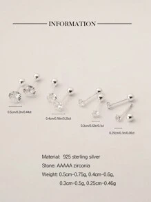 2pcs Simple Fashion S925 Sterling Silver Cubic Zirconia Decoration Four Paws & Ball & Thread Screw Stud Earrings(2.5mm/3mm/4mm/5mm), Hypoallergenic Earrings For Women And Men Daily Wear