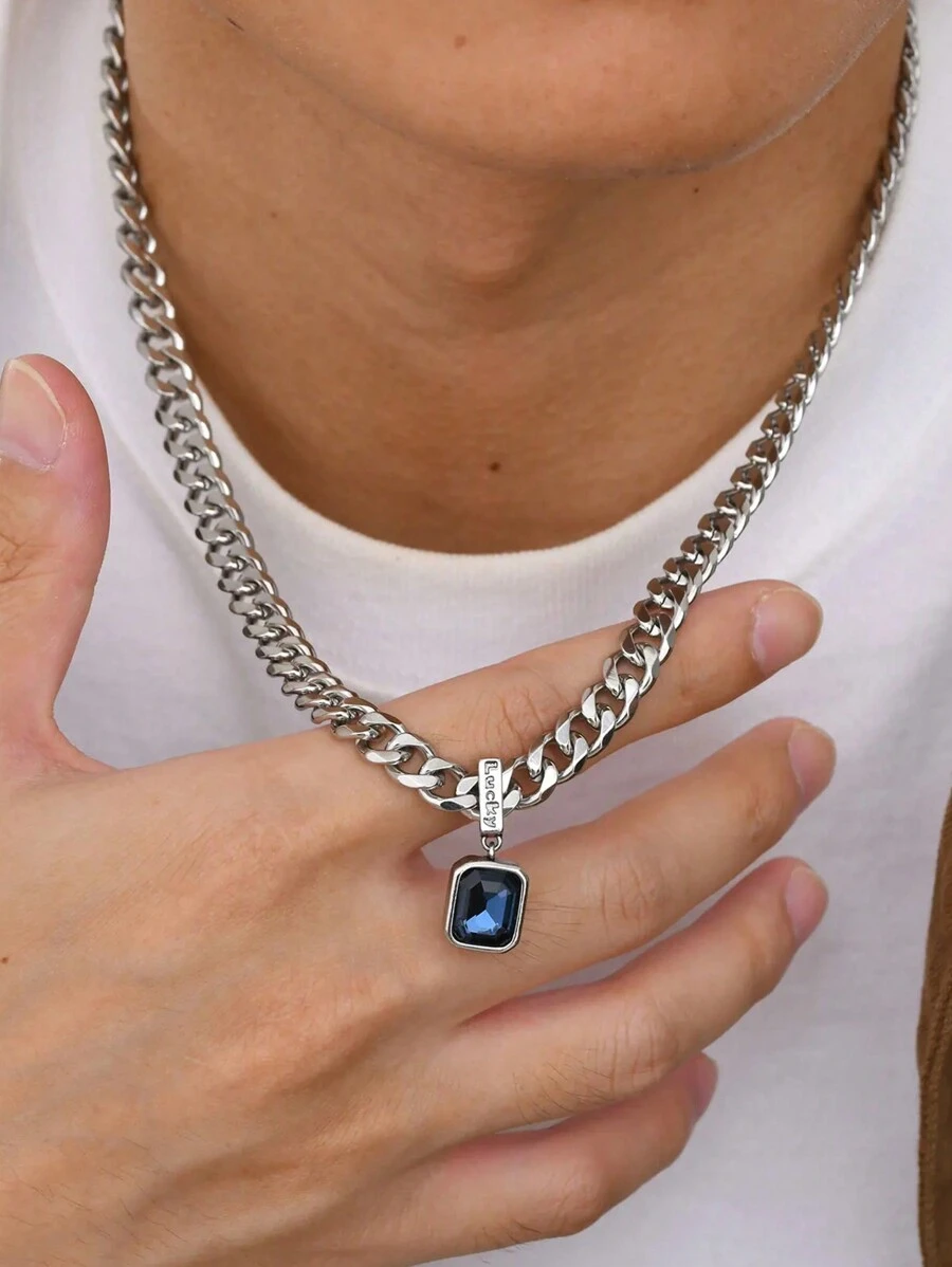 1件套蓝绿色仿宝石吊坠项链，男士/男孩不锈钢幸运符吊坠项链，朋克嘻哈风格生日礼物 - XNXL008 - 查看 1