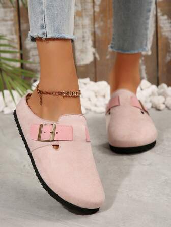 女士春夏初秋新款包头一脚蹬乐福鞋，舒适金属扣装饰休闲厚底高端简约平底鞋