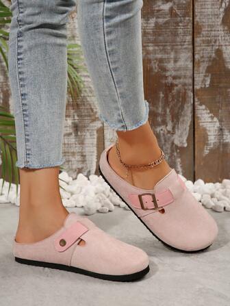 女士春夏初秋新款包头一脚蹬乐福鞋，舒适金属扣装饰休闲厚底高端简约平底鞋