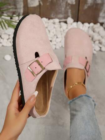 女士春夏初秋新款包头一脚蹬乐福鞋，舒适金属扣装饰休闲厚底高端简约平底鞋