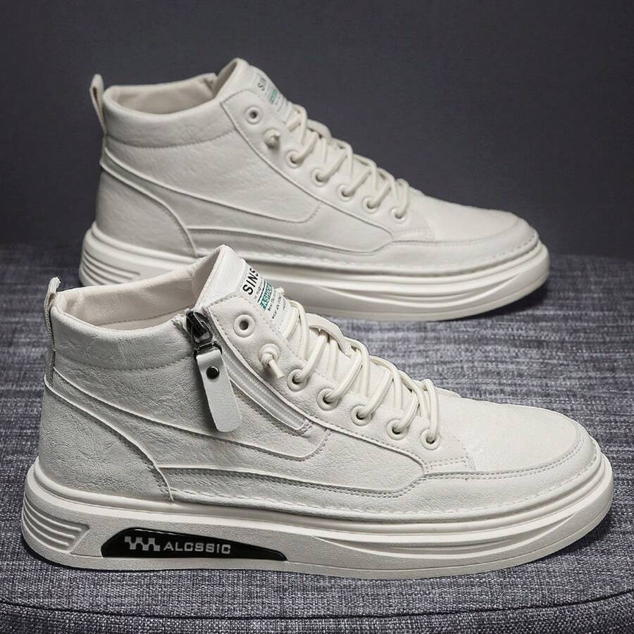 Giày nam cổ thấp mới Giày mùa đông giữ nhiệt lót ấm áp, Giày da thường ngày cho nam Giày bốt cổ giữa chống thấm nước màu đen - trắng - Xem 1