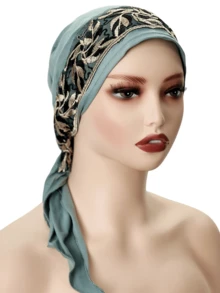 1 chiếc khăn trùm đầu thêu đàn hồi thanh lịch cho nữ, trang trí ren hoa polyester thời trang, phù hợp với mọi mùa - A - Xem 8