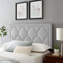 Headboard For Bed Upholstered In Italian Velvet, With  Stud Decoration - Light Grey - View 2