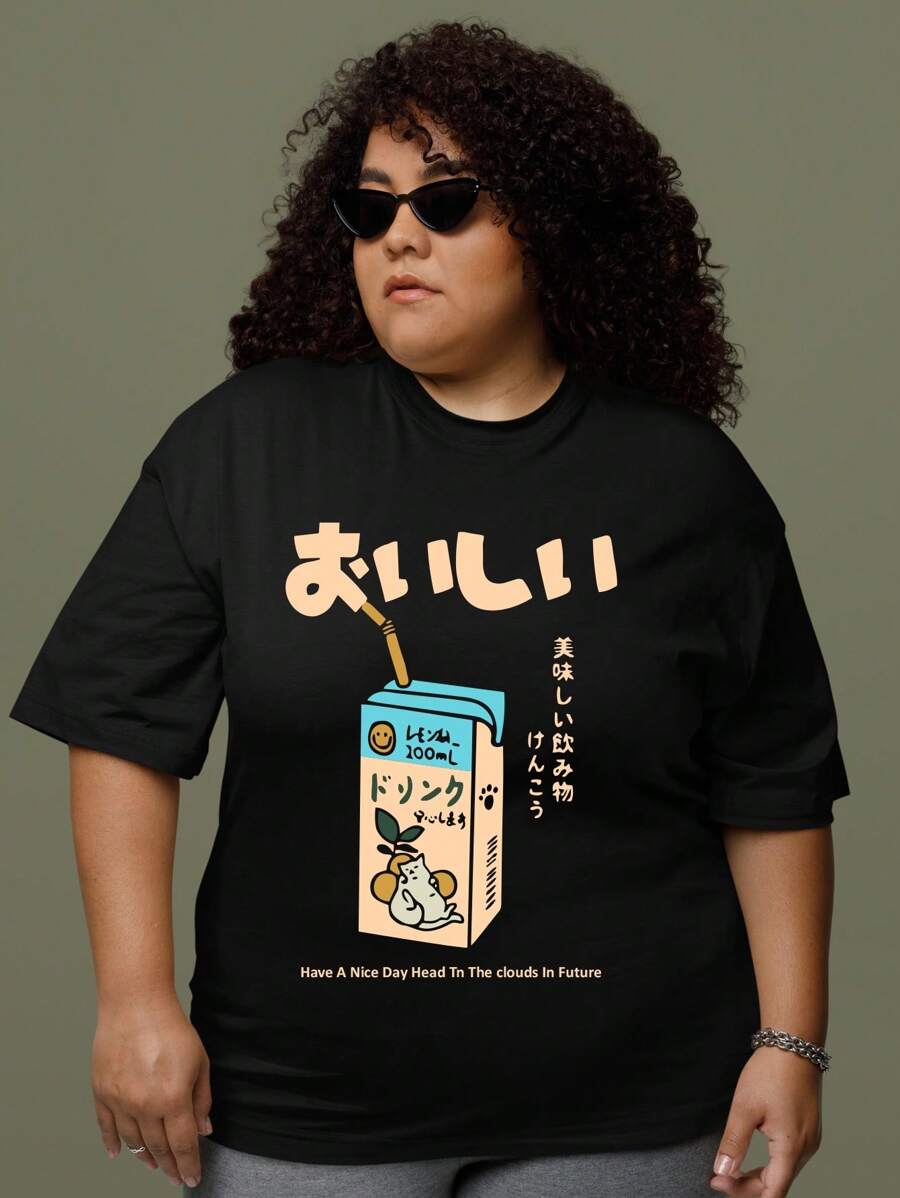 JUICE CAT Plus Size T-Shirt Women's Fashion 100% Cotton Streetwear NEW! - màu đen - Xem 1