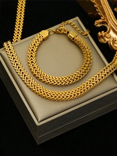 1 set Collier chaîne carrée épaisse + Bracelet, Set de bijoux en métal à l'esprit punk unisexe en 2 pièces