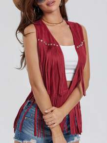 Women's Boho Hippie Chic Waistcoat Vest Ultra Lightweight Solid Hue Open Front Sleeveless Jacket Adorned With Tassels  Streetwear Layering