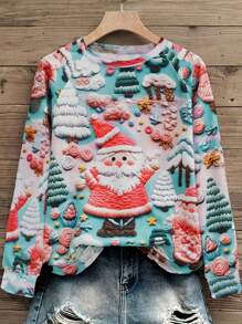 女士圣诞新款休闲风格森林圣诞老人定位印花圆领插肩袖套头衫
