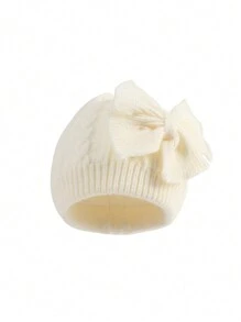 1pc Baby Bow Knit Winter Hat With Thick Lining, Solid Color Newborn Beanie - Bow - View 5