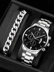 1pc Men Round Pointer Date Quartz Watch & 1pc Bracelet