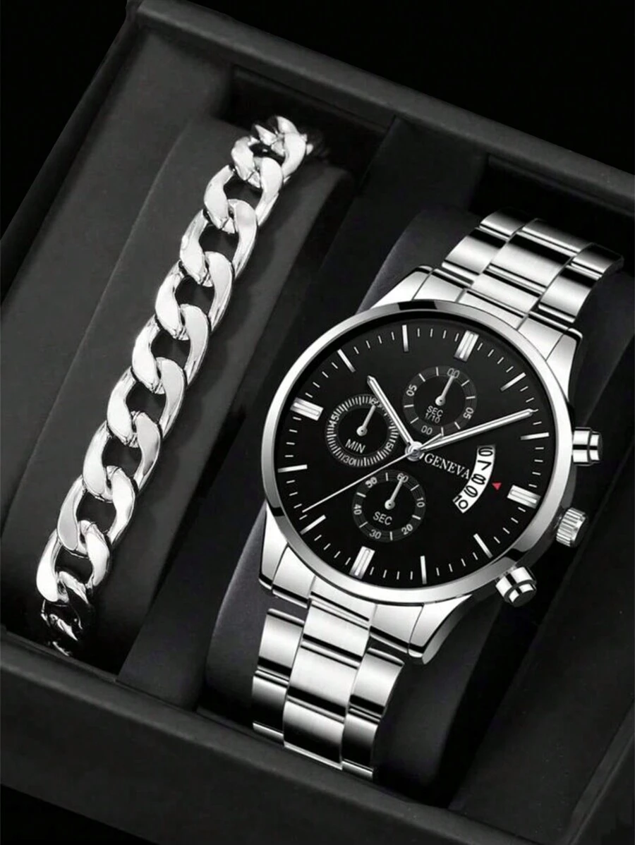 1pc Men Round Pointer Date Quartz Watch & 1pc Bracelet