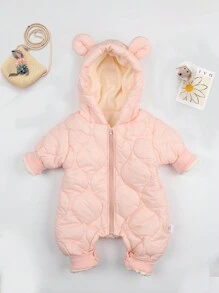 女婴纯色拉链连帽衫，带 3D 耳朵装饰和连体衣，秋冬 - 粉色 - 查看 1