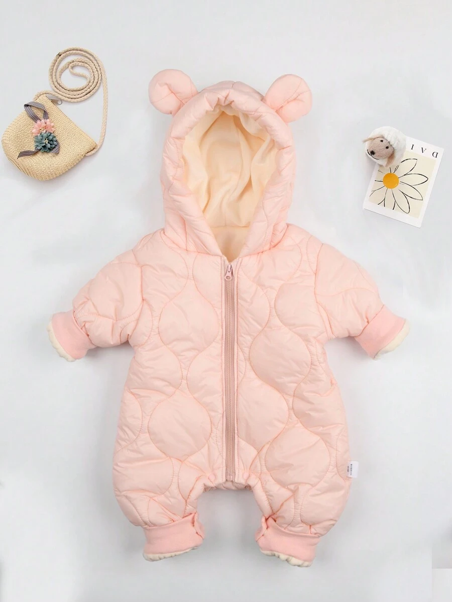 女婴纯色拉链连帽衫，带 3D 耳朵装饰和连体衣，秋冬 - 粉色 - 查看 1