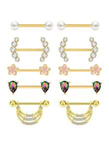 Set de 10 piezas de joyería de piercing de pezón de acero inoxidable chapado en oro con diseños de mariposa, cadena y flor de 14G, aros y piezas de pezón con forma de corazón, para uso en citas, fiestas, Día de la Madre, regalo