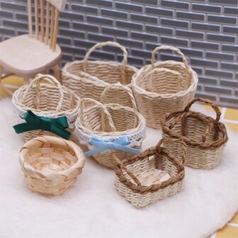 1:12 Handmade Woven Raffia Straw Handbag Basket Model, Miniature Living Decor, Bamboo Wicker Basket Photography Prop, DIY Decoration House Ornament, Mini Kitchen Diorama Decor Best Gifts Birthday