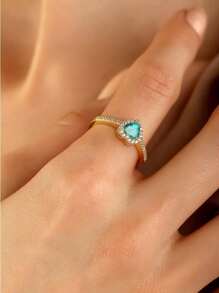 1 pieza Anillo de diamante verde con alto brillo, joyería para mujer, zirconia cúbica de plata pura, joyería de lujo exquisita, regalo de anillo de compromiso de boda - Dorado - Ver 3