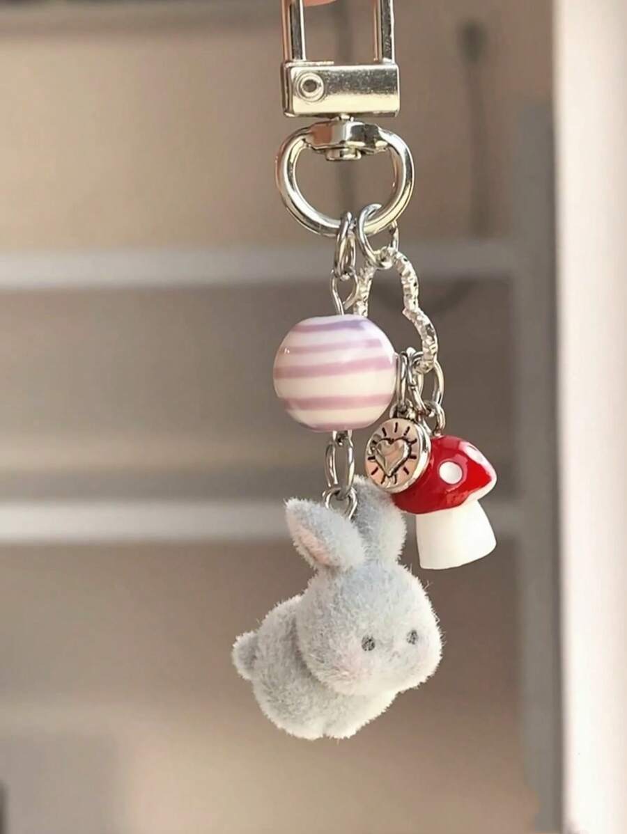 1 móc khóa hình thỏ xám nhỏ hoạt hình Unisex, mặt dây chuyền hình trái tim và nấm dễ thương, phụ kiện túi xách - Nhiều màu - Xem 1