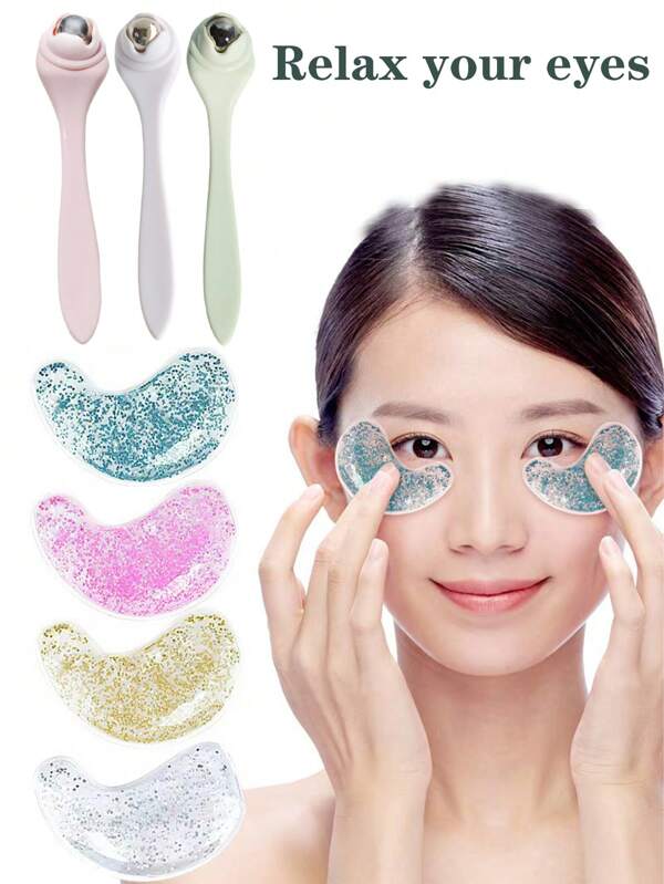 Set de 2+1 piezas: 1 pieza Rodillo reutilizable para crema de ojos + 2 piezas Máscara de gel relajante para los ojos, de uso múltiple caliente/frío, se puede calentar con agua caliente o usar para compresas frías, masajea el área del ojo con el rodillo de crema para mejorar la absorción, regalo para amigos y familiares, unisex