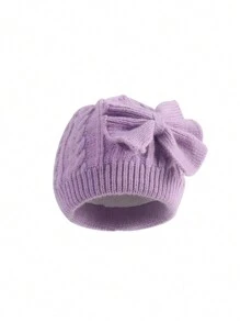 1pc Baby Bow Knit Winter Hat With Thick Lining, Solid Color Newborn Beanie - Bow - View 6