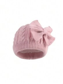 1pc Baby Bow Knit Winter Hat With Thick Lining, Solid Color Newborn Beanie - Bow - View 4